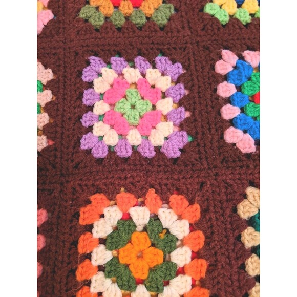 Vintage 70s Afghan Blanket Handknit Brown Granny Square Quilt 40x58" - Picture 5 of 5